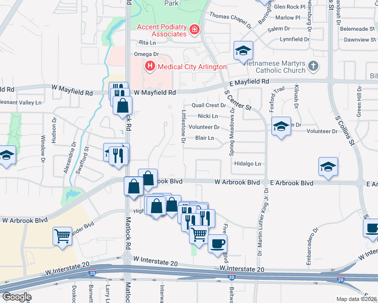 map of restaurants, bars, coffee shops, grocery stores, and more near 3605 Littlestone Drive in Arlington