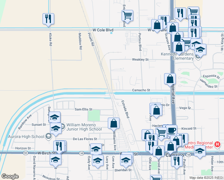 map of restaurants, bars, coffee shops, grocery stores, and more near 301 Estrada Boulevard in Calexico