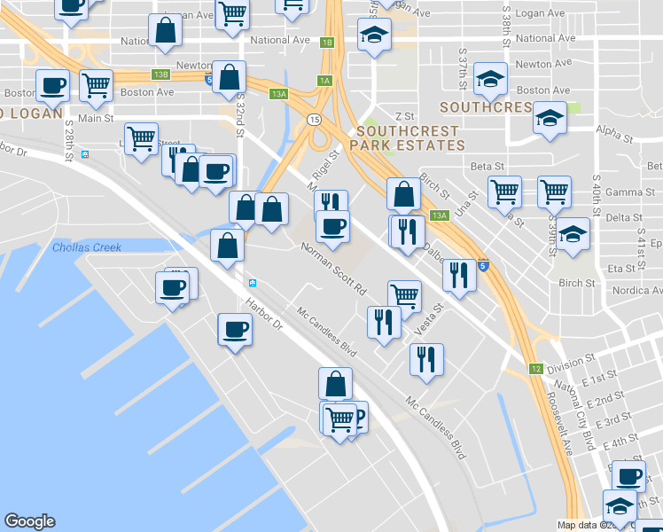 map of restaurants, bars, coffee shops, grocery stores, and more near Norman Scott Road in San Diego