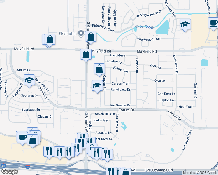 map of restaurants, bars, coffee shops, grocery stores, and more near 3503 Tamarack Drive in Grand Prairie