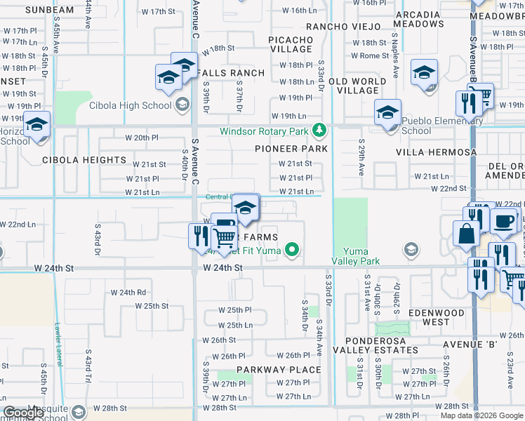map of restaurants, bars, coffee shops, grocery stores, and more near 3567 West 22nd Place in Yuma
