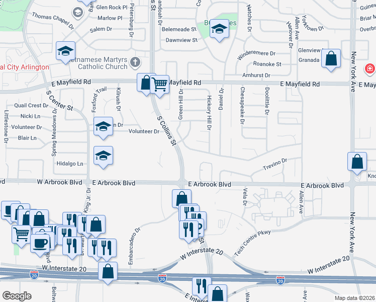 map of restaurants, bars, coffee shops, grocery stores, and more near 1108 Green Hill Drive in Arlington
