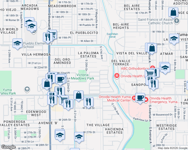 map of restaurants, bars, coffee shops, grocery stores, and more near 1935 West Camino Cerro in Yuma