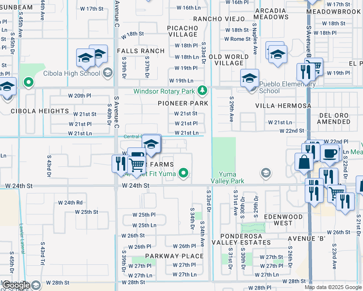 map of restaurants, bars, coffee shops, grocery stores, and more near 3531 West 22nd Place in Yuma