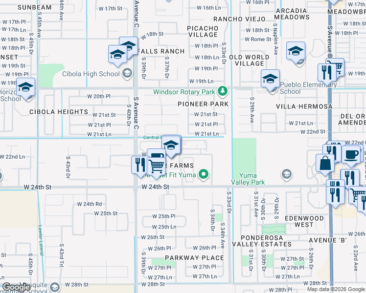 map of restaurants, bars, coffee shops, grocery stores, and more near 3567 West 22nd Place in Yuma