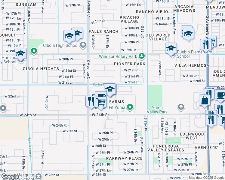map of restaurants, bars, coffee shops, grocery stores, and more near 3777 West 22nd Lane in Yuma