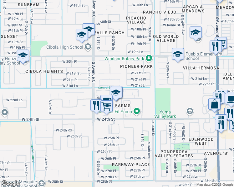 map of restaurants, bars, coffee shops, grocery stores, and more near 3777 West 22nd Lane in Yuma