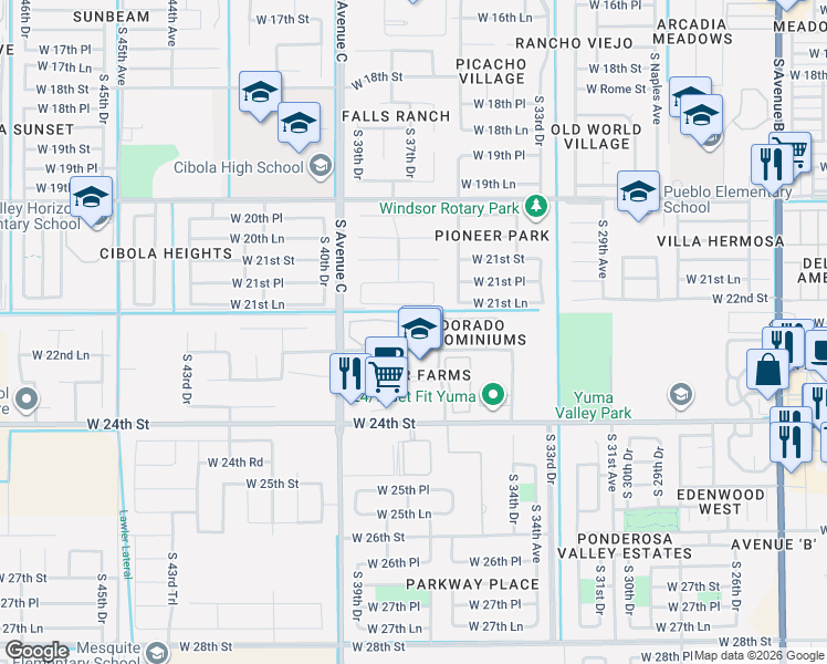 map of restaurants, bars, coffee shops, grocery stores, and more near 3777 West 22nd Lane in Yuma