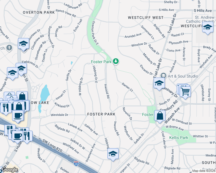 map of restaurants, bars, coffee shops, grocery stores, and more near 4200 Westmont Court in Fort Worth