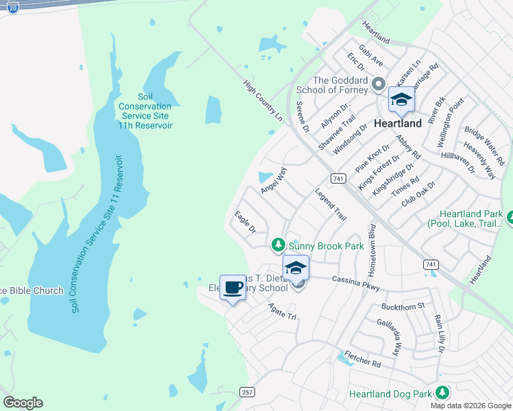 map of restaurants, bars, coffee shops, grocery stores, and more near 4040 Golden Rod Drive in Forney