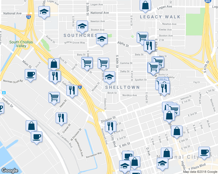 map of restaurants, bars, coffee shops, grocery stores, and more near 6936 San Diego Trolley in San Diego