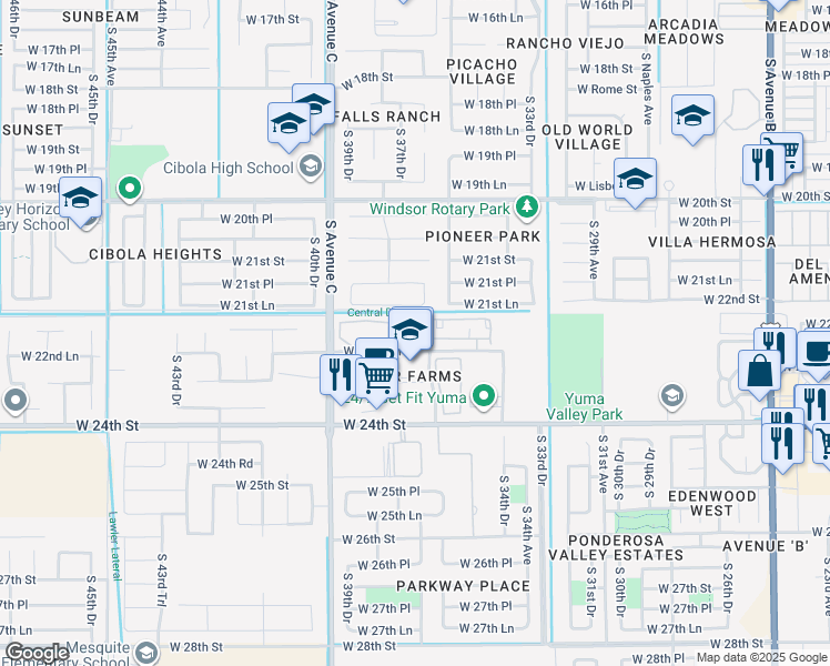 map of restaurants, bars, coffee shops, grocery stores, and more near 3777 West 22nd Lane in Yuma