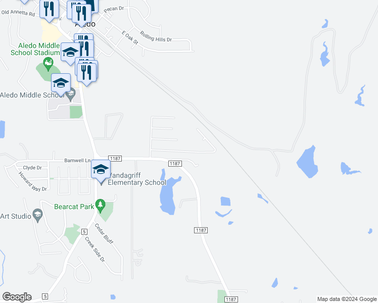 map of restaurants, bars, coffee shops, grocery stores, and more near Sagebrush Drive in Aledo