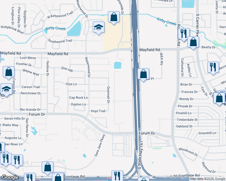 map of restaurants, bars, coffee shops, grocery stores, and more near 3553 Pierce Lane in Grand Prairie