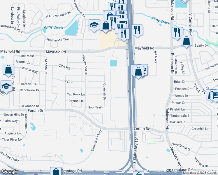 map of restaurants, bars, coffee shops, grocery stores, and more near 3553 Pierce Lane in Grand Prairie
