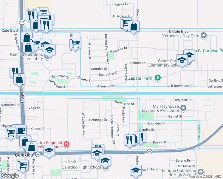 map of restaurants, bars, coffee shops, grocery stores, and more near Rancho Frontera Avenue in Calexico