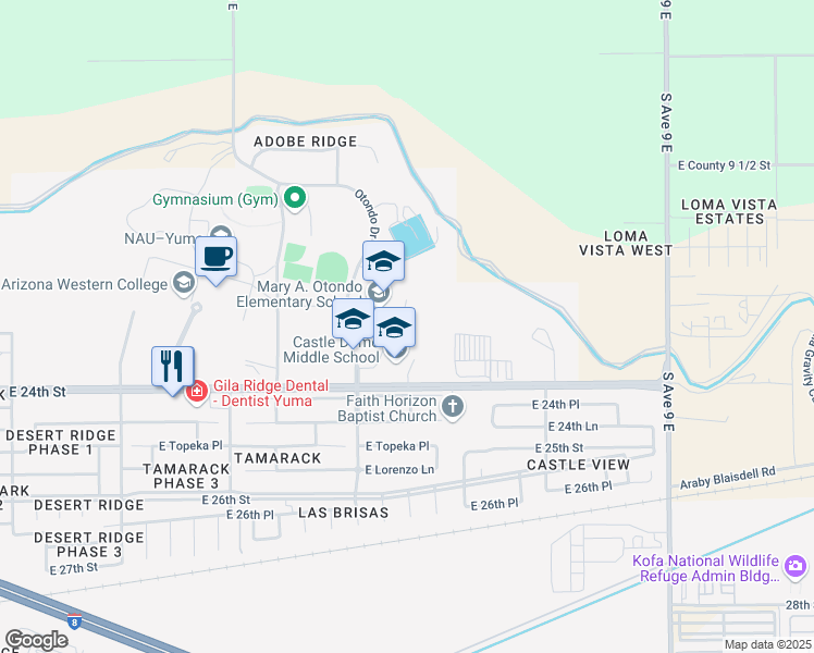 map of restaurants, bars, coffee shops, grocery stores, and more near 2251 Otondo Drive in Yuma