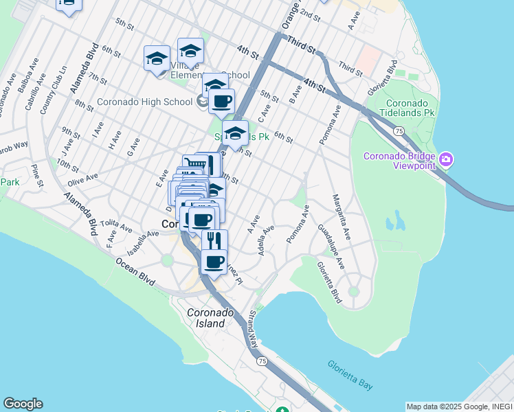 map of restaurants, bars, coffee shops, grocery stores, and more near 830 E Avenue in Coronado