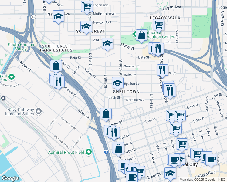 map of restaurants, bars, coffee shops, grocery stores, and more near 1844 South 40th Street in San Diego