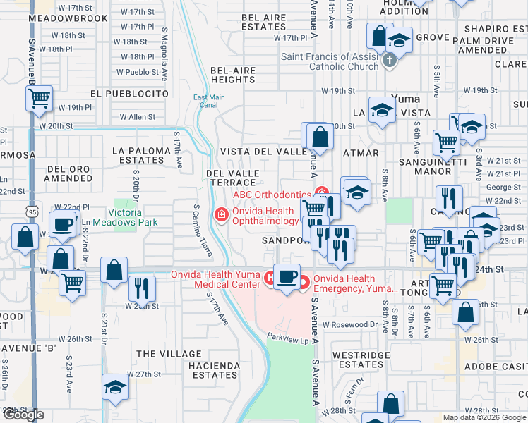 map of restaurants, bars, coffee shops, grocery stores, and more near 2291 South 14th Avenue in Yuma