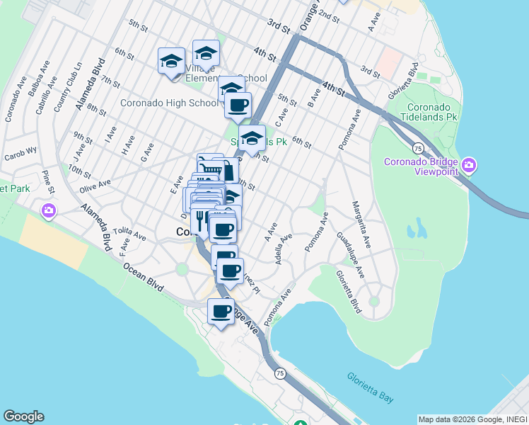 map of restaurants, bars, coffee shops, grocery stores, and more near 841 B Avenue in Coronado