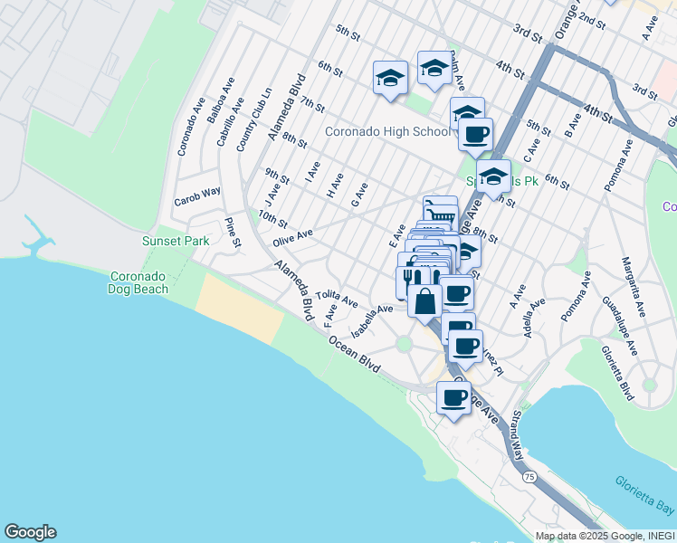 map of restaurants, bars, coffee shops, grocery stores, and more near 1033 Encino Row in Coronado