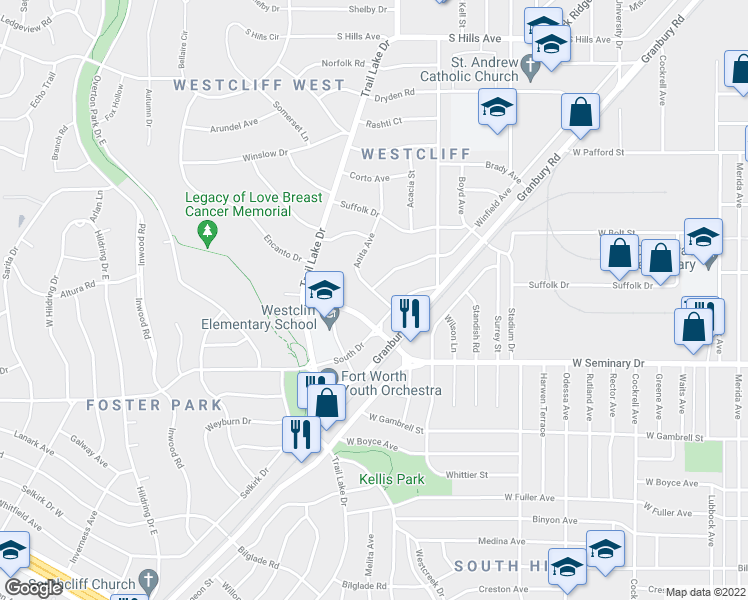 map of restaurants, bars, coffee shops, grocery stores, and more near 4204 Anita Avenue in Fort Worth