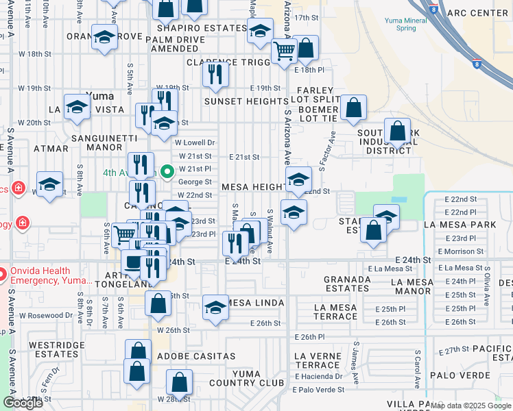 map of restaurants, bars, coffee shops, grocery stores, and more near 2265 South Maple Avenue in Yuma