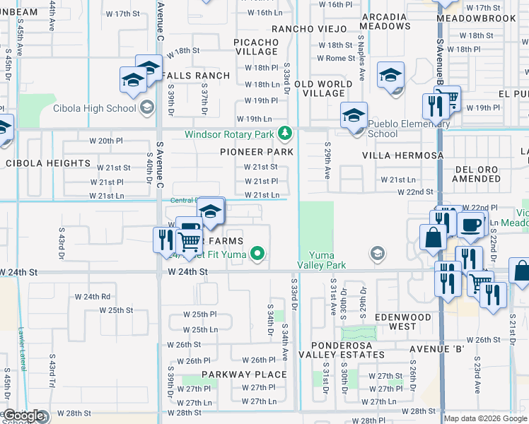 map of restaurants, bars, coffee shops, grocery stores, and more near 3531 West 22nd Place in Yuma