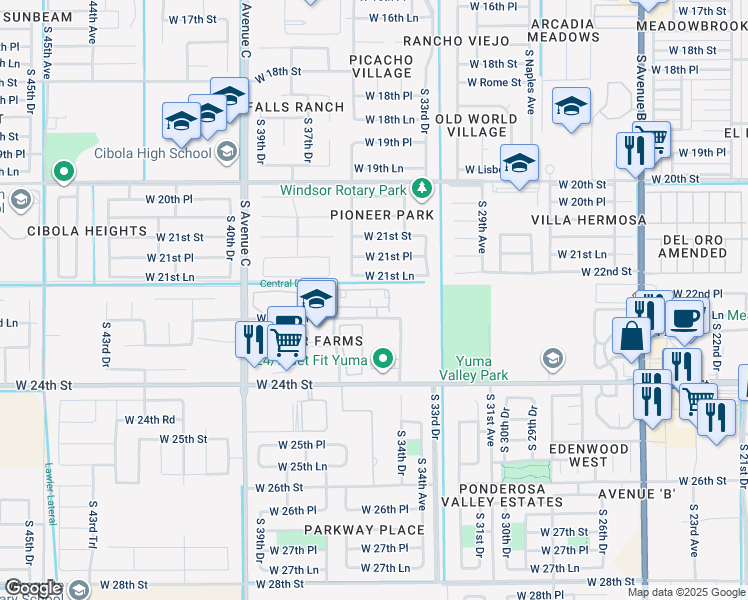 map of restaurants, bars, coffee shops, grocery stores, and more near 3531 West 22nd Place in Yuma
