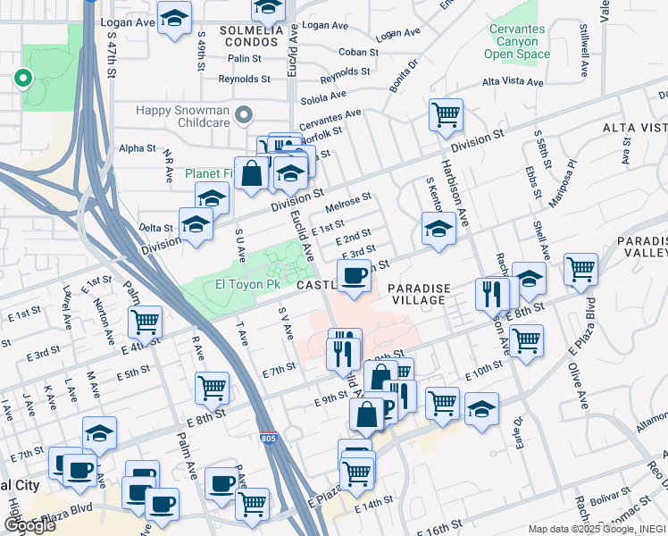 map of restaurants, bars, coffee shops, grocery stores, and more near 2404 East 4th Street in National City
