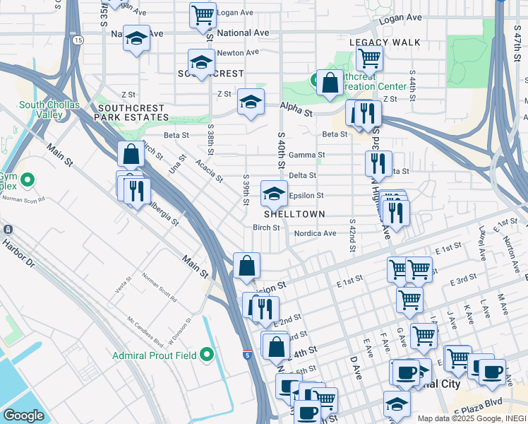 map of restaurants, bars, coffee shops, grocery stores, and more near 6936 San Diego Trolley in San Diego