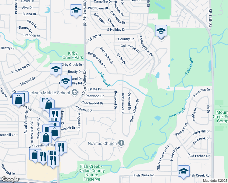 map of restaurants, bars, coffee shops, grocery stores, and more near 642 Redwood Drive in Grand Prairie