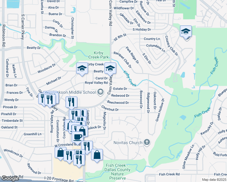 map of restaurants, bars, coffee shops, grocery stores, and more near 518 Redwood Drive in Grand Prairie