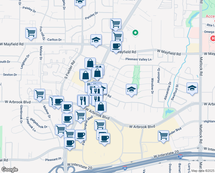 map of restaurants, bars, coffee shops, grocery stores, and more near 3636 Brookridge Drive in Arlington