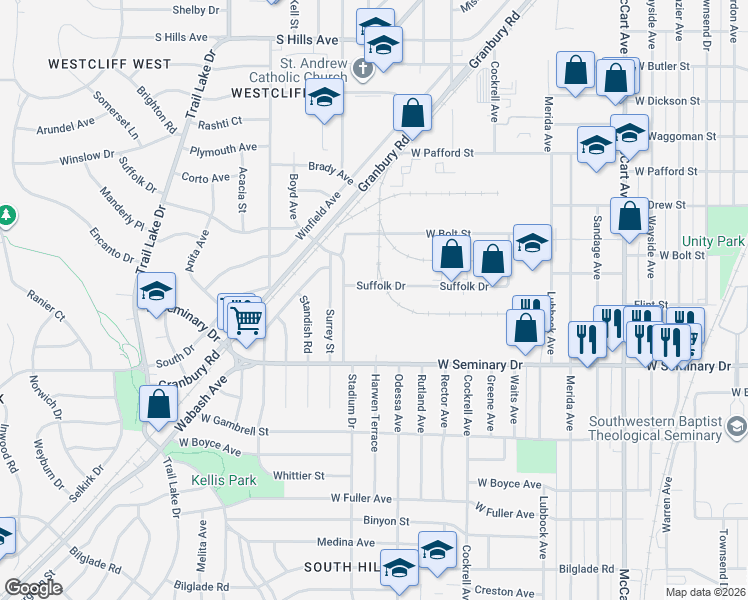 map of restaurants, bars, coffee shops, grocery stores, and more near 3321 Suffolk Drive in Fort Worth