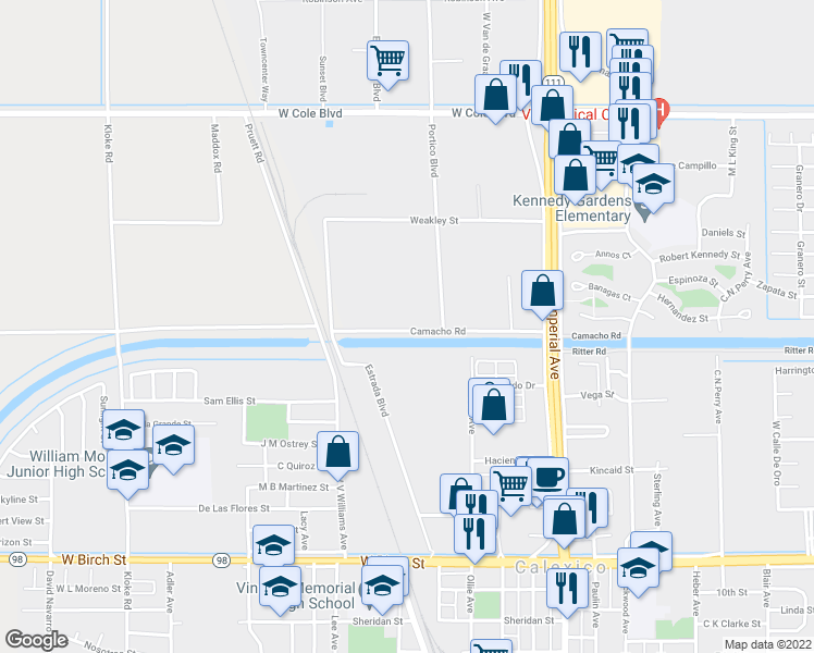 map of restaurants, bars, coffee shops, grocery stores, and more near 306 Camacho Street in Calexico