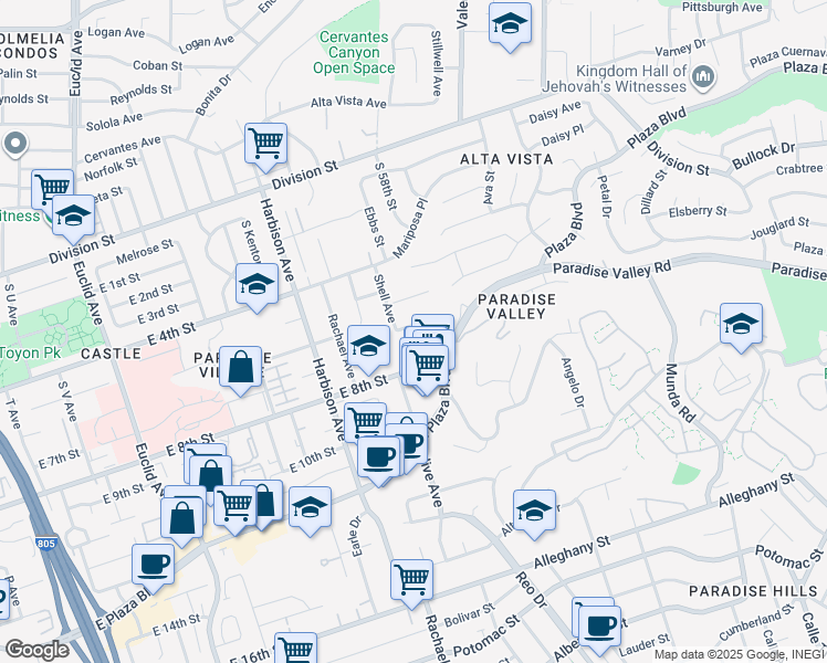 map of restaurants, bars, coffee shops, grocery stores, and more near 711 Salot Avenue in National City