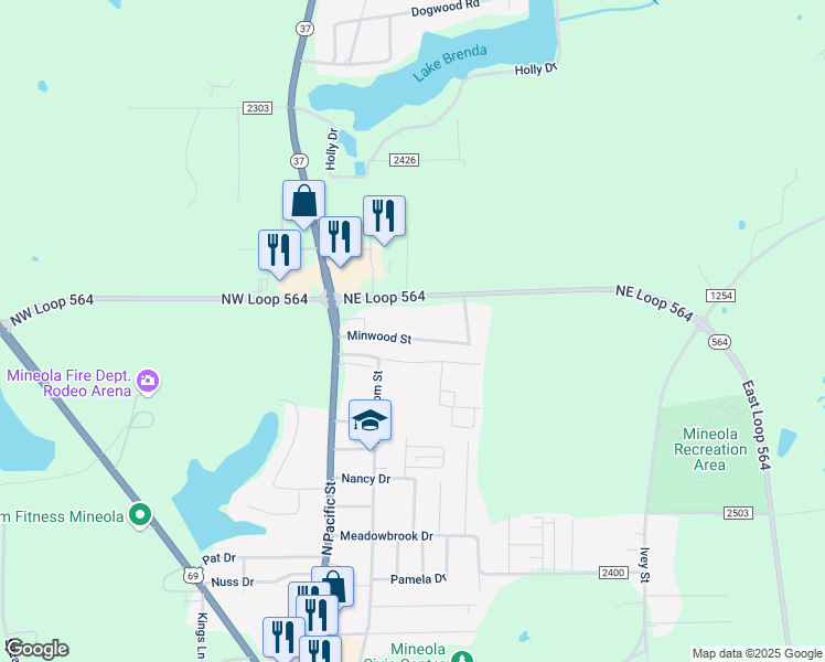 map of restaurants, bars, coffee shops, grocery stores, and more near 171 Minwood Street in Mineola