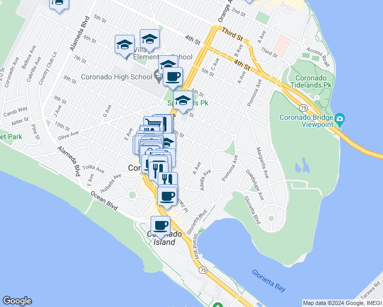 map of restaurants, bars, coffee shops, grocery stores, and more near 841 B Avenue in Coronado