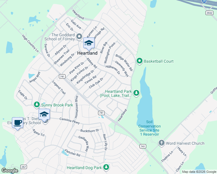 map of restaurants, bars, coffee shops, grocery stores, and more near 2039 Moonlight Trail in Heartland
