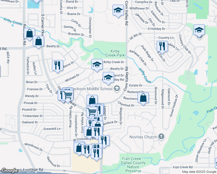 map of restaurants, bars, coffee shops, grocery stores, and more near 3504 Corn Valley Road in Grand Prairie
