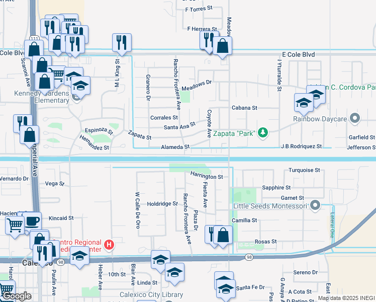 map of restaurants, bars, coffee shops, grocery stores, and more near 1900 Rancho Frontera Avenue in Calexico