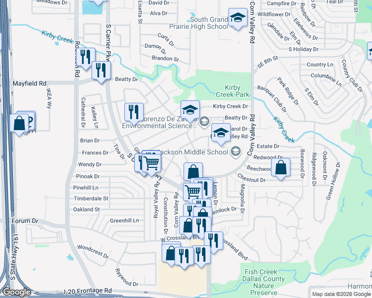 map of restaurants, bars, coffee shops, grocery stores, and more near 521 Royal Valley Road in Grand Prairie