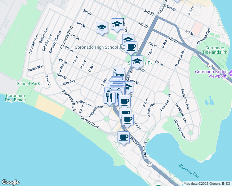 map of restaurants, bars, coffee shops, grocery stores, and more near in Coronado