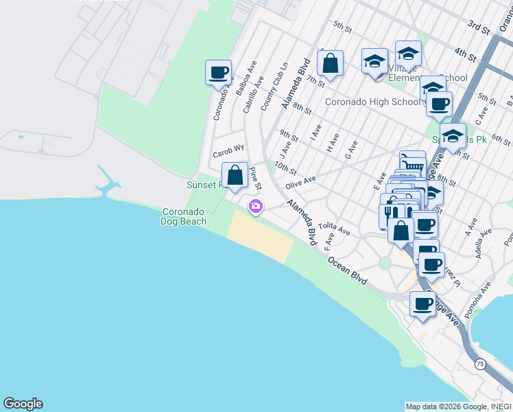 map of restaurants, bars, coffee shops, grocery stores, and more near 511 Marina Avenue in Coronado