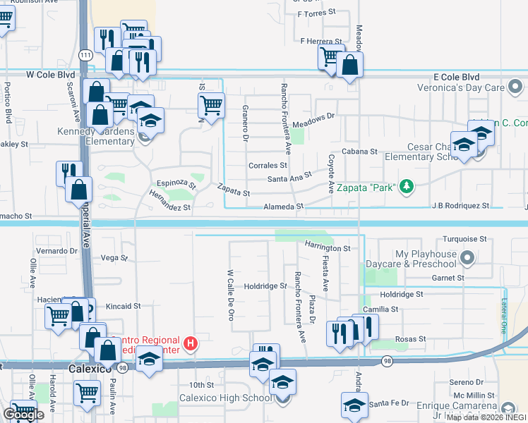 map of restaurants, bars, coffee shops, grocery stores, and more near 952 Alameda Street in Calexico