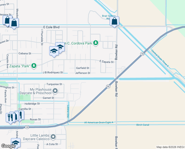 map of restaurants, bars, coffee shops, grocery stores, and more near 1338 Jefferson St in Calexico