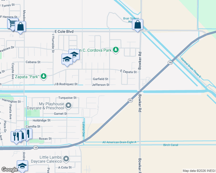 map of restaurants, bars, coffee shops, grocery stores, and more near 1338 Jefferson St in Calexico