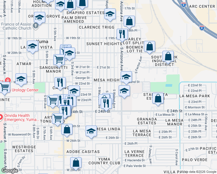 map of restaurants, bars, coffee shops, grocery stores, and more near 2265 South Maple Avenue in Yuma